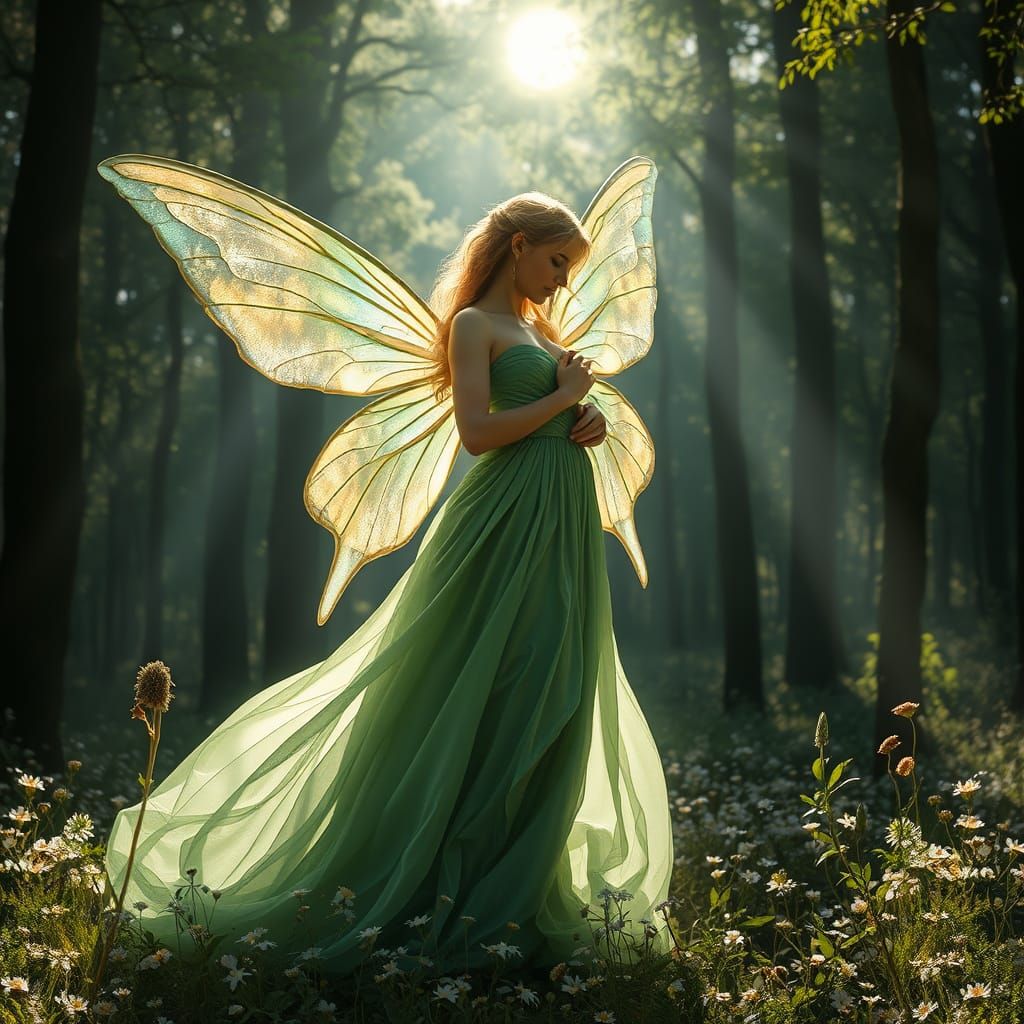 Ethereal Fairy Woman in Emerald Gown in Enchanted Forest