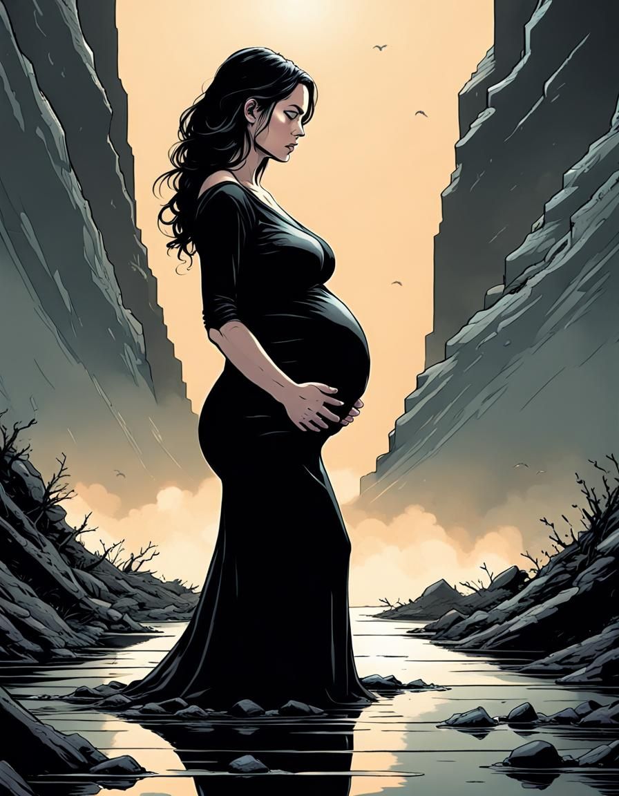 Grieving Pregnant Mother in Elegant Black Attire