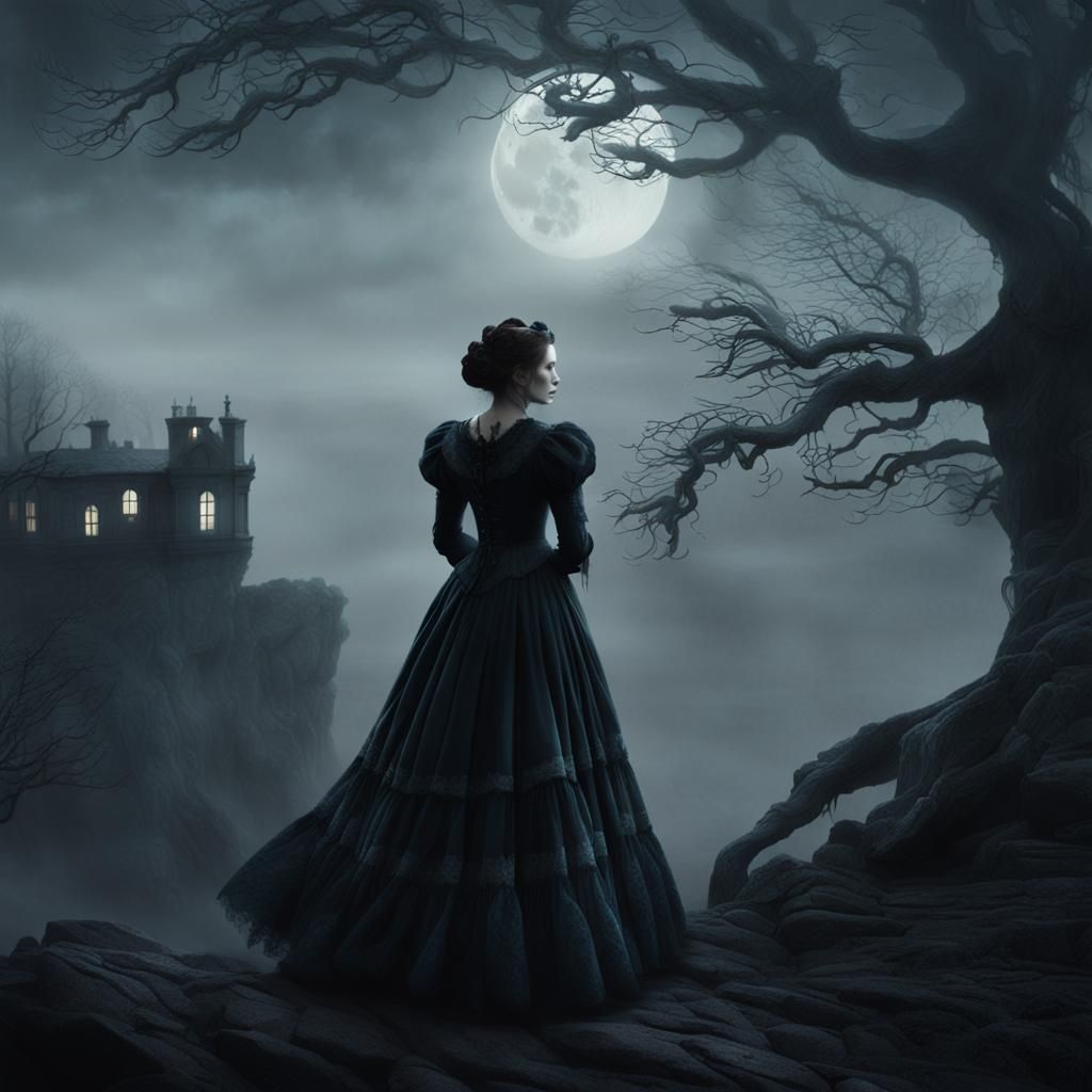 Victorian Woman in Moody, Gothic Landscape