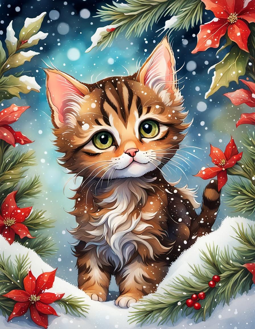 Whimsical Chibi Tabby Kitten in Hyperrealistic Winter Wonder...