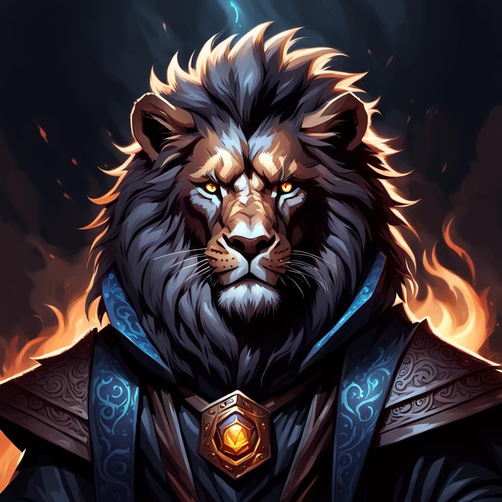 Dark Leonin Sorcerer Amidst a Stormy Elemental Backdrop