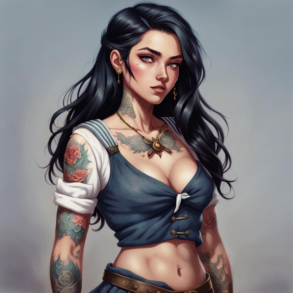 Dnd Fantasy Sailor with Intricate Tattoos and Black Hair