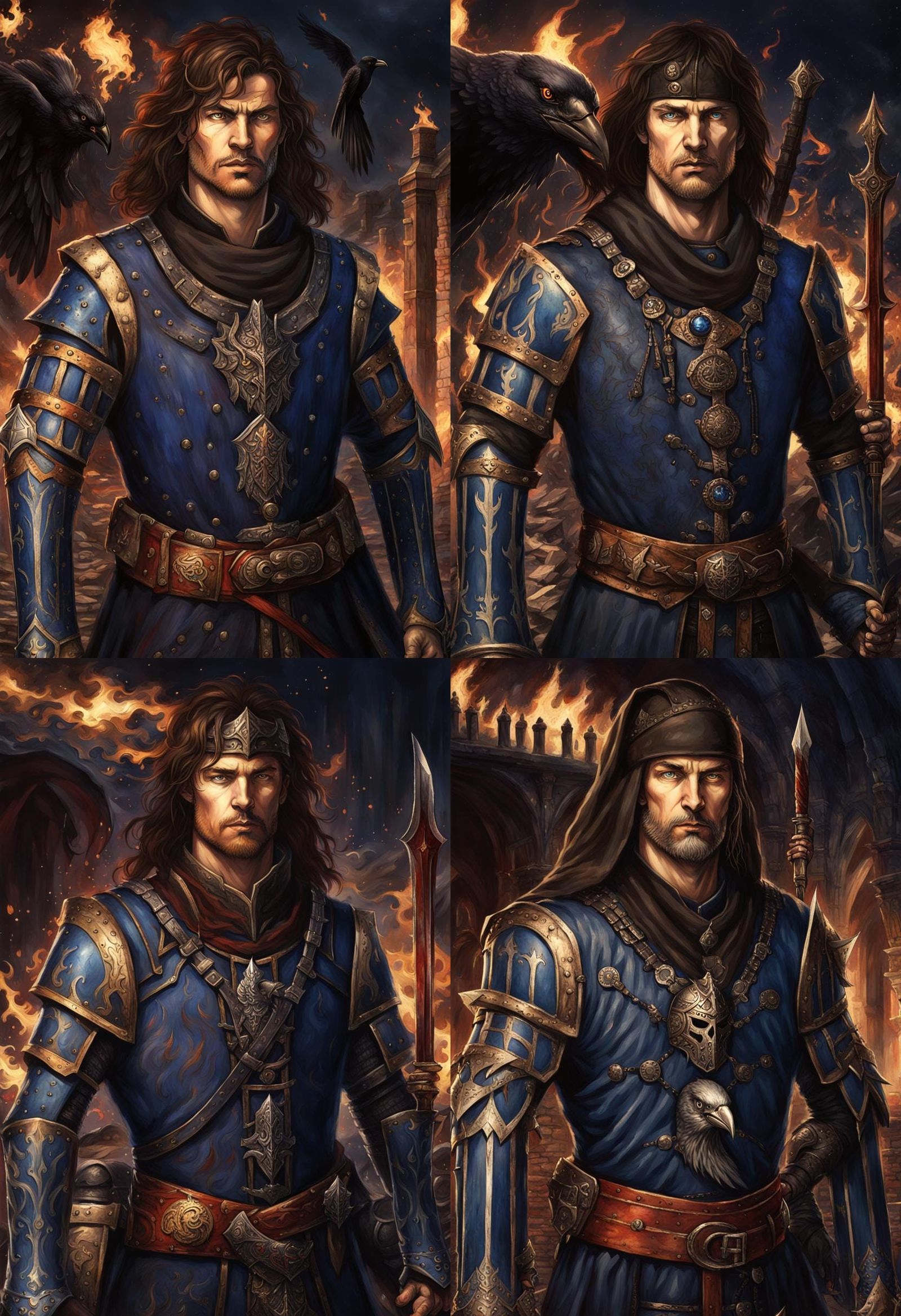 Medieval Warrior in Dark Fantasy Landscape with Flaming Blue...