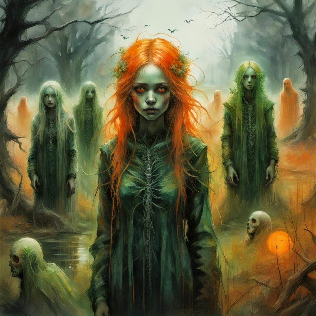 Gothic Specters in a Haunting Swamp Landscape