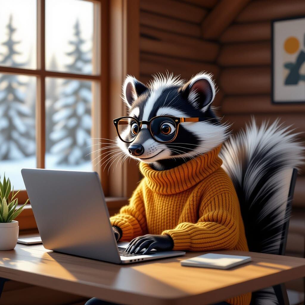 Skunk Working on Laptop in Cozy Cabin
