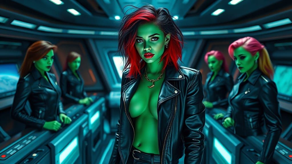 Sensual Green Skinned Pirate Captain Commands Starship Bridg...