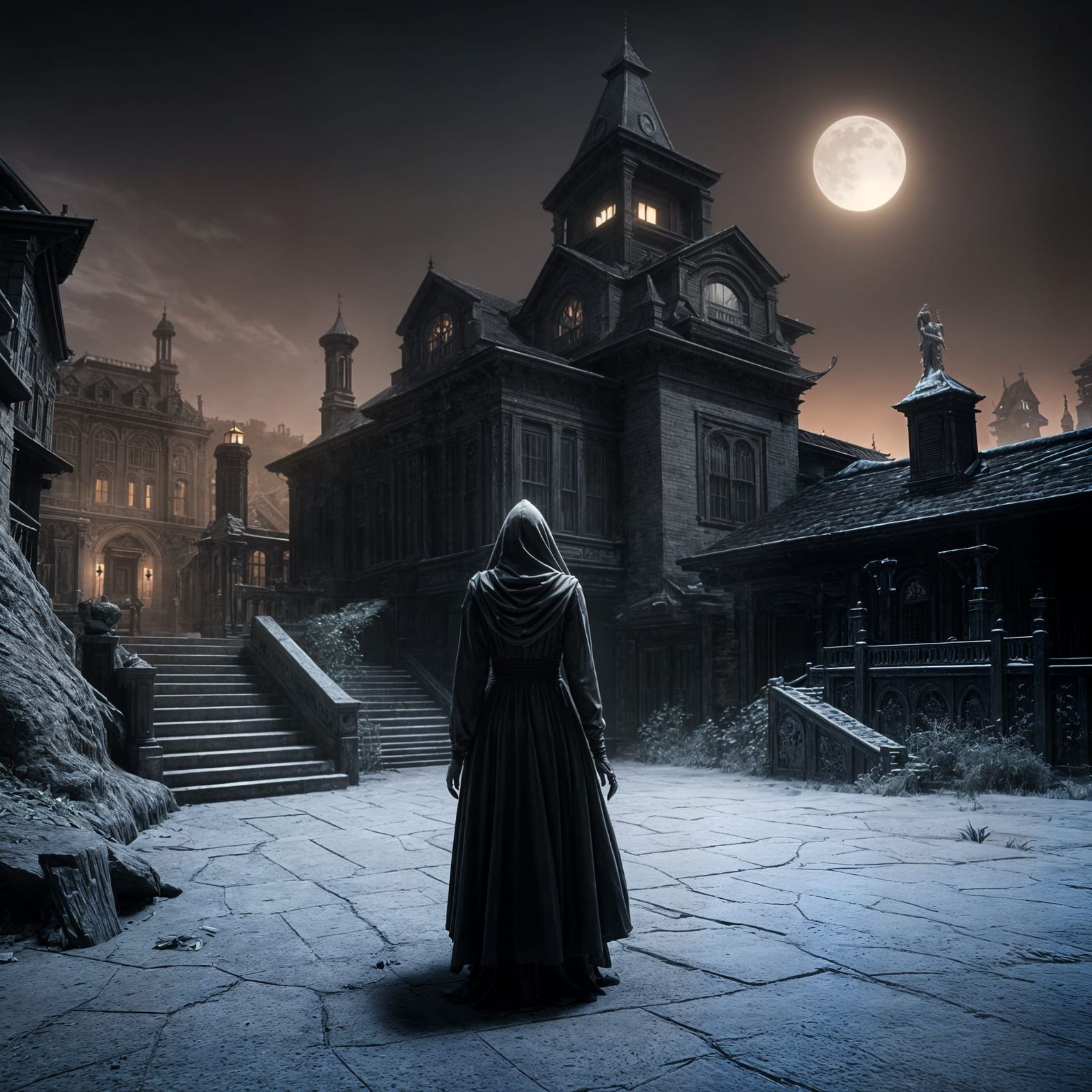 Ethereal Haunting in a Creepy Nighttime Mansion