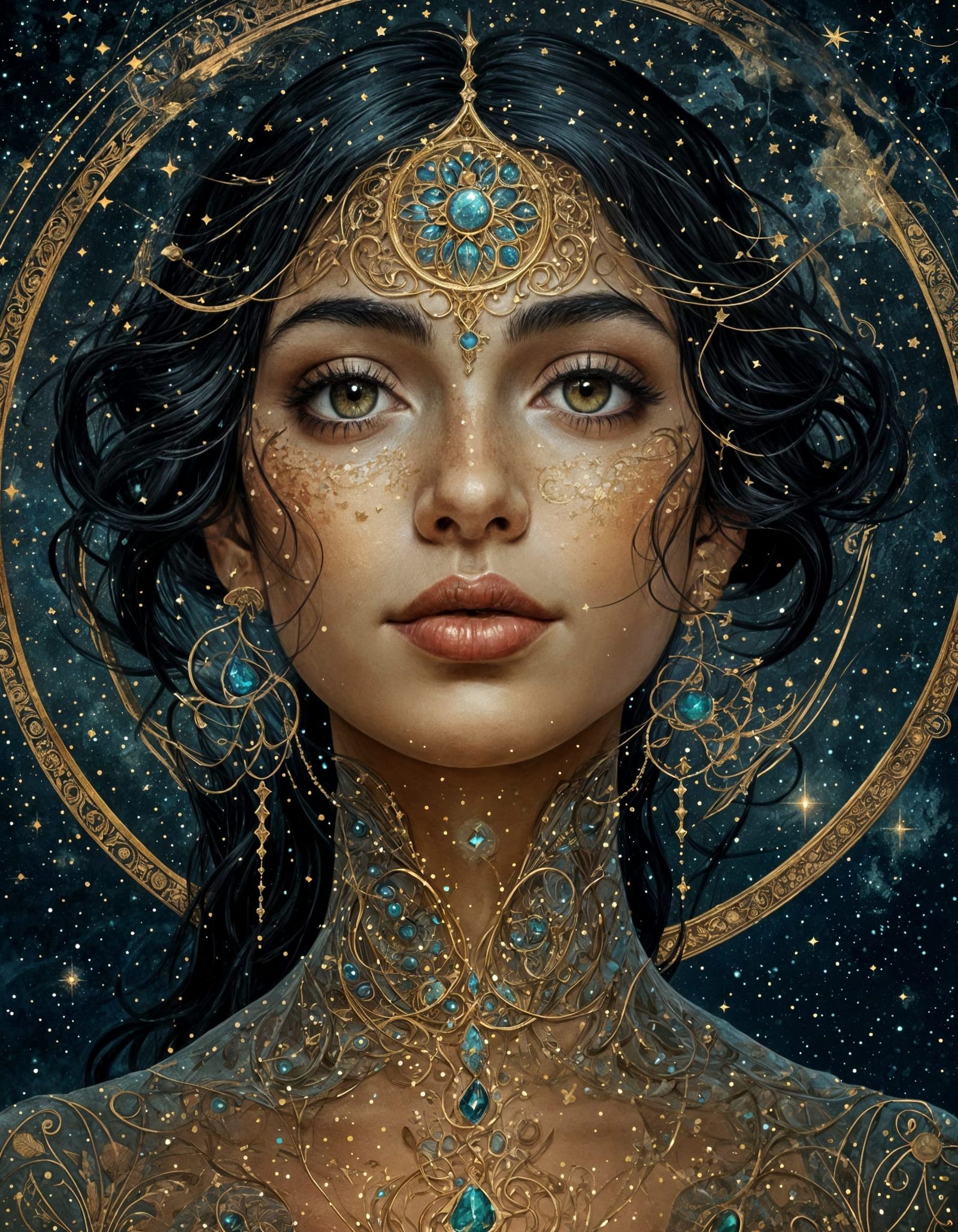 Surreal Art Nouveau Portrait of a Persian Woman Under Starry...