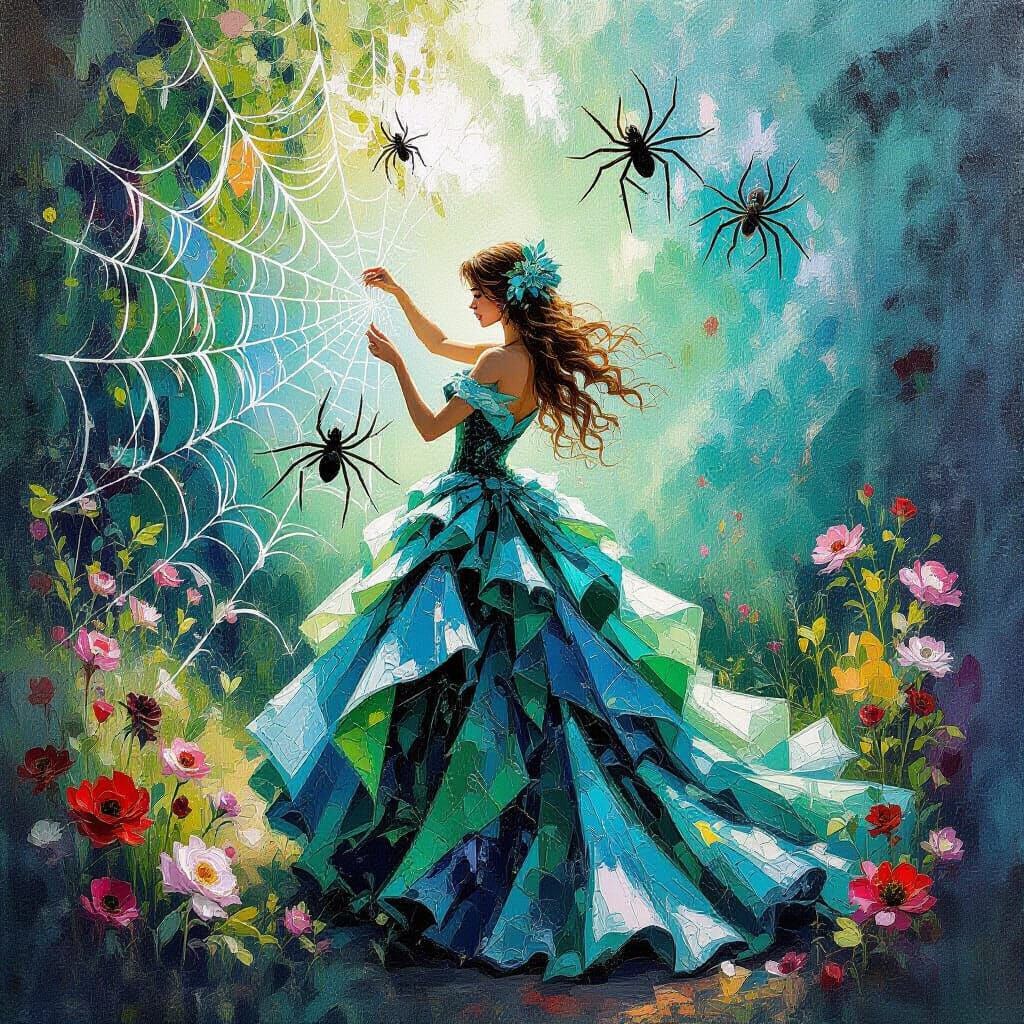 Emerald Spiders Weave Queen's Gown in Gouache Style