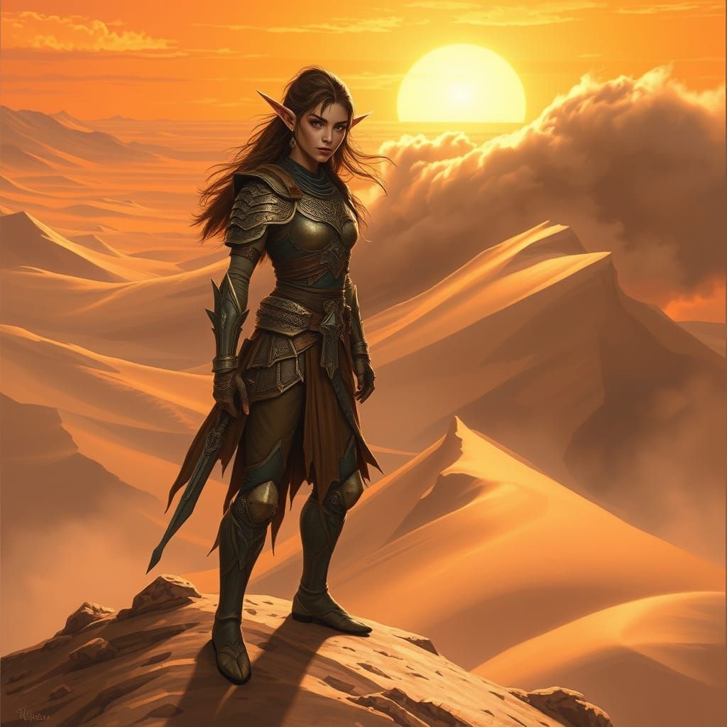 Ethereal Elven Warrior Dominates Windswept Desert Landscape ...