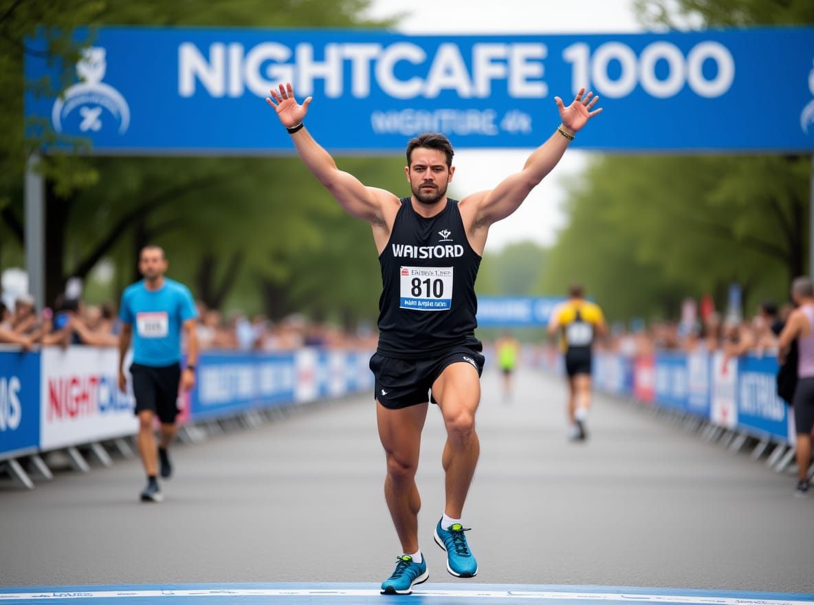 Triumphant Runner Celebrates Victory at Finish Line