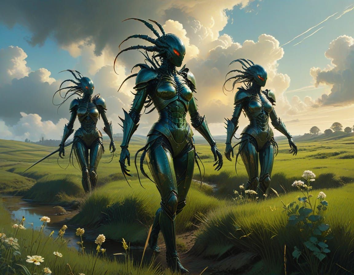 Surreal Spring Goddesses Walk Amidst Swaying Sword Field on...