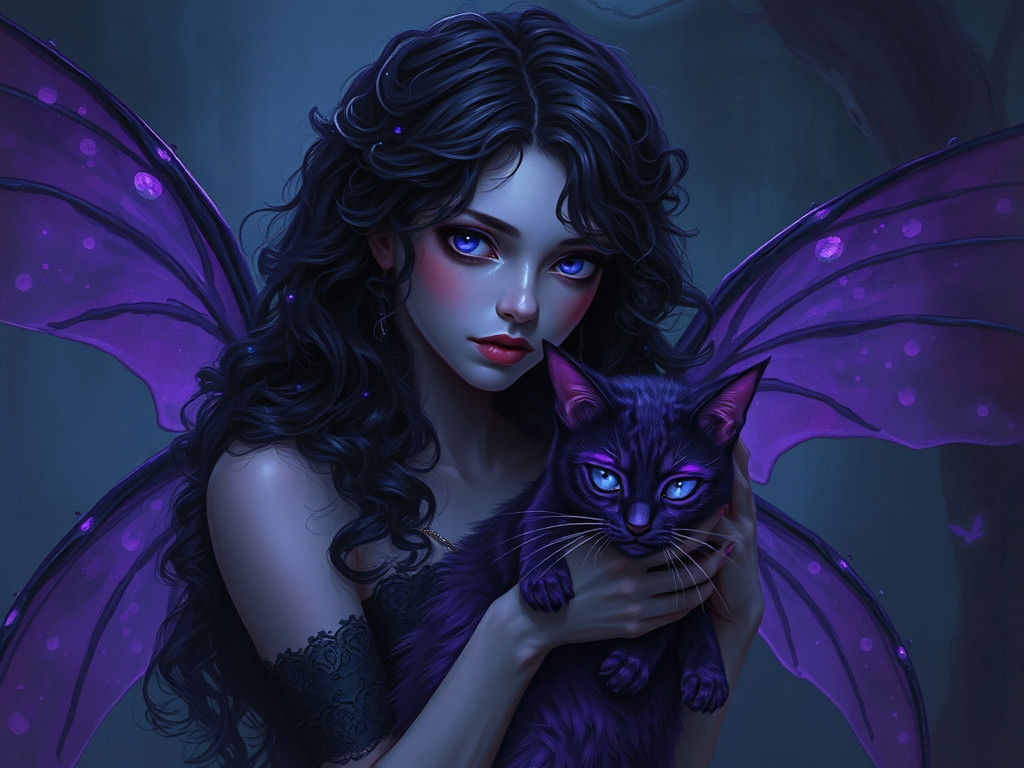 Mystical Fairy and Her Glowing Feline Familiar in a Purple N...