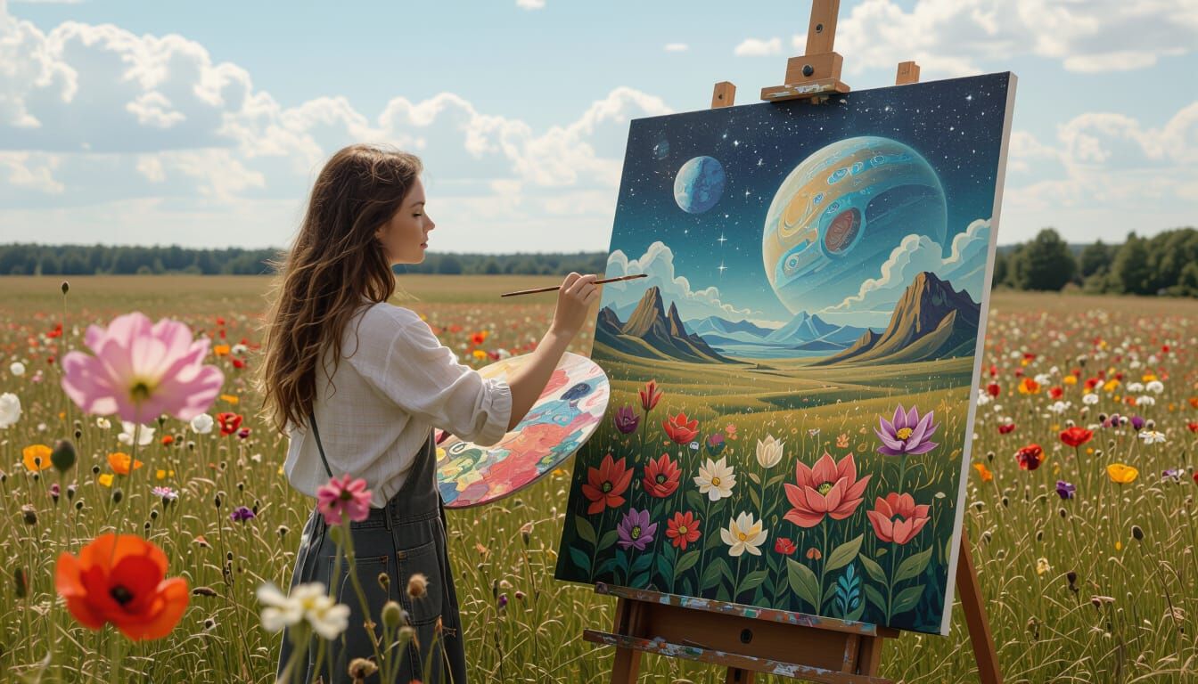 Artist Painting Alien Landscape with Botanical Flowers