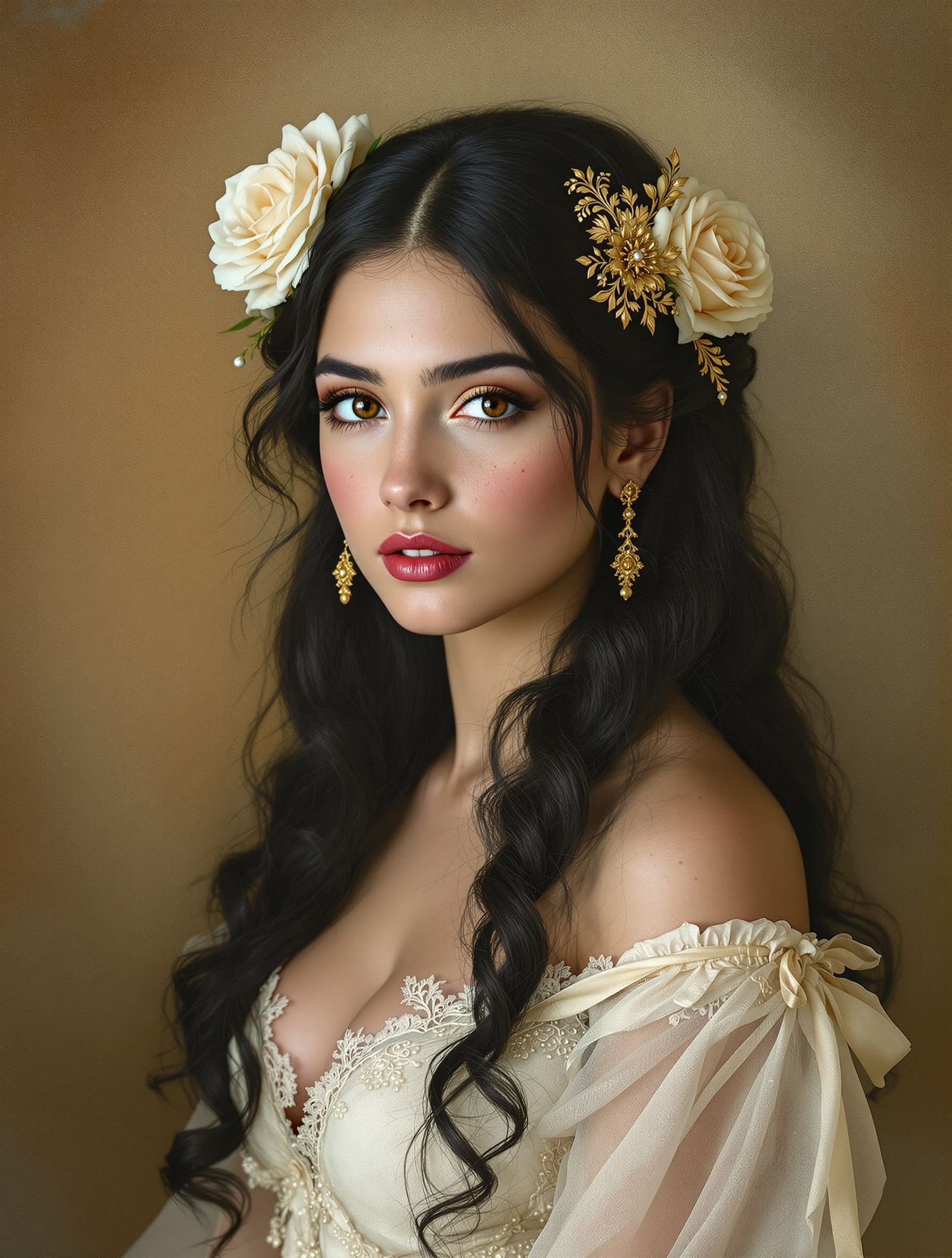 Romantic Portrait of Woman with Gold Filigree Hair