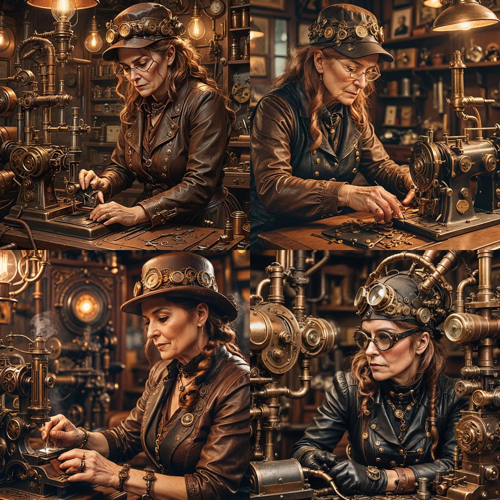 Steampunk Lady Crafts Leather Hat on Sewing Machine