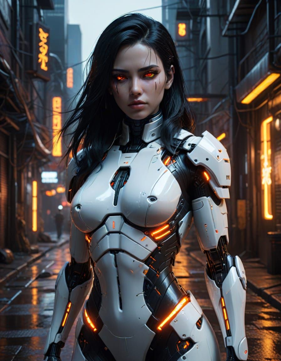 Hyperrealistic Female Cyborg in Cyberpunk Concept Art