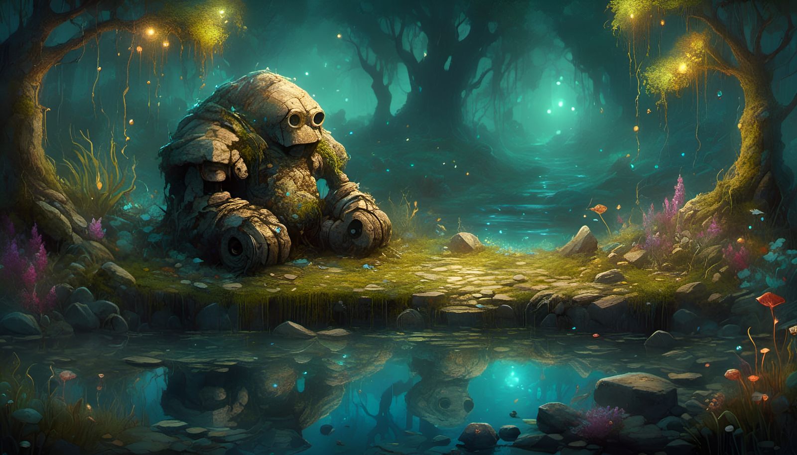 Whimsical Nighttime Golems in a Serene Pond Scene