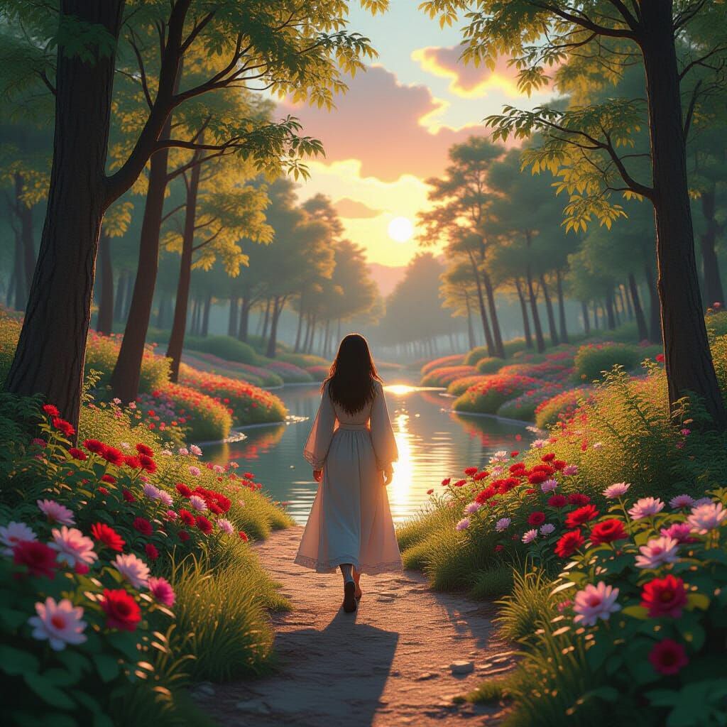 Lush Forest Path at Sunset in Anime Style