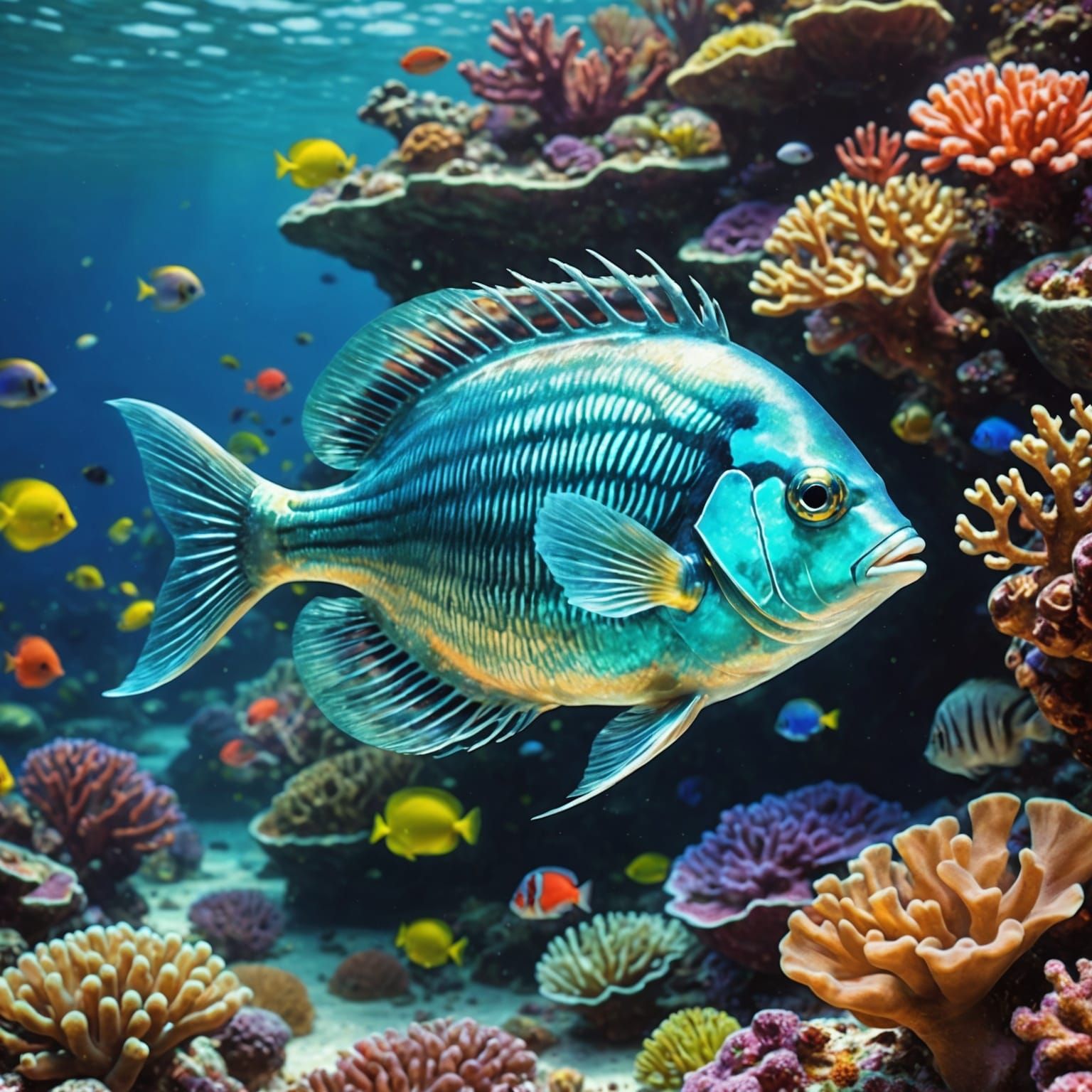 Vibrant Coral Reef School in Oil Painting Style