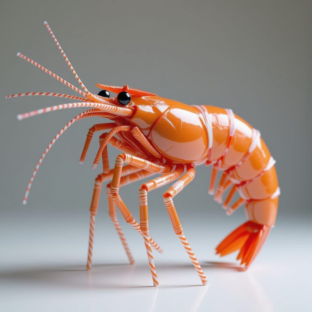 Hyperrealistic Shrimp Sculpture Crafted from Woven Plastic S...