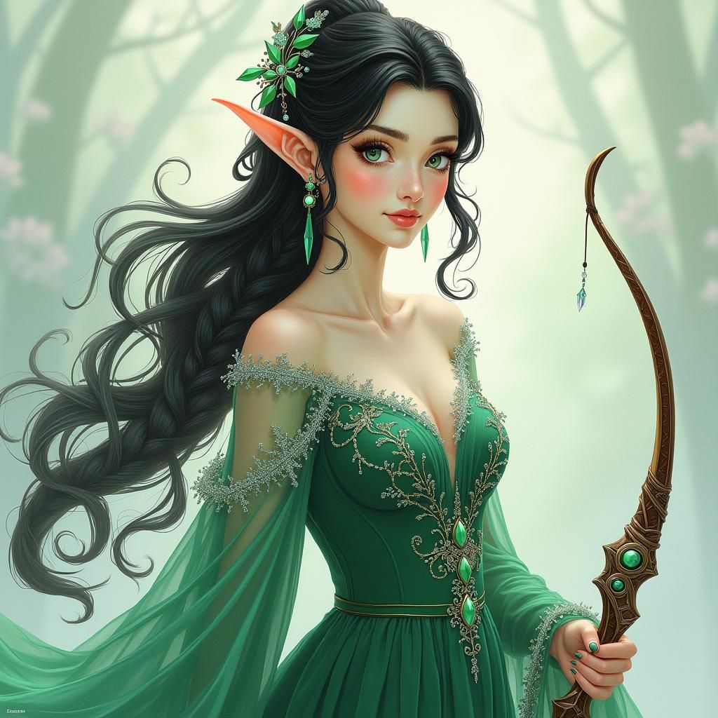 Elegant Female Elf in Verdant Gown with Emerald Eyes