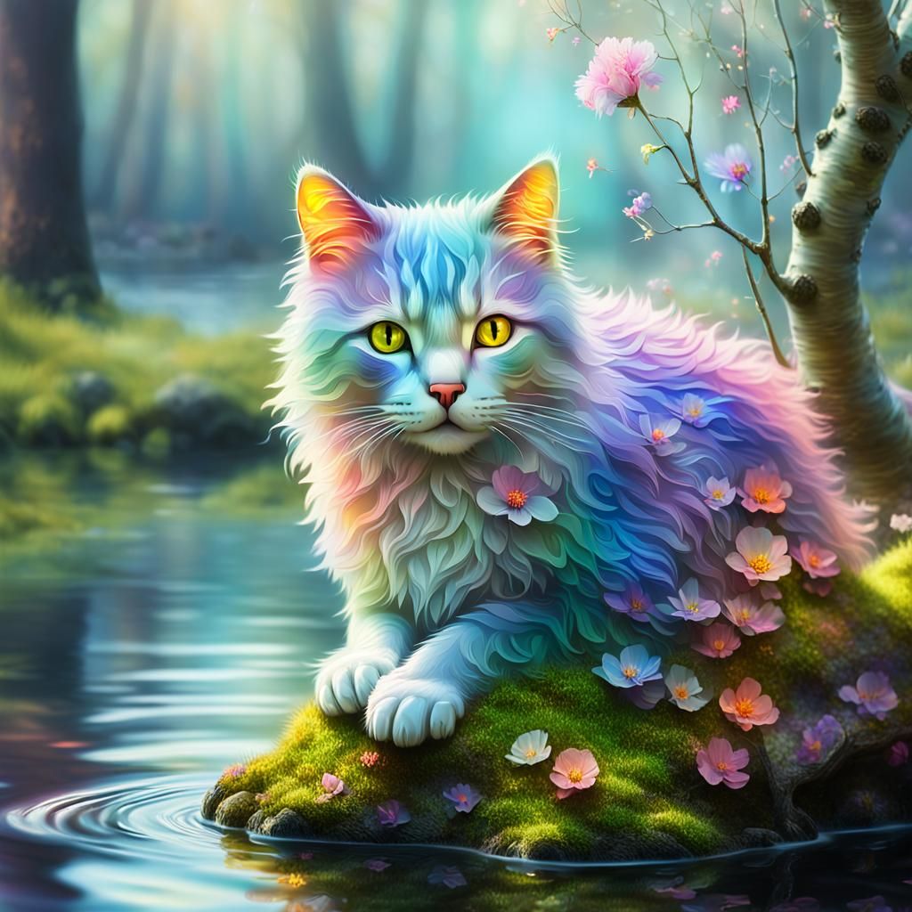 Surreal Glass Cat Amidst Vibrant Wildflowers on River Birch....