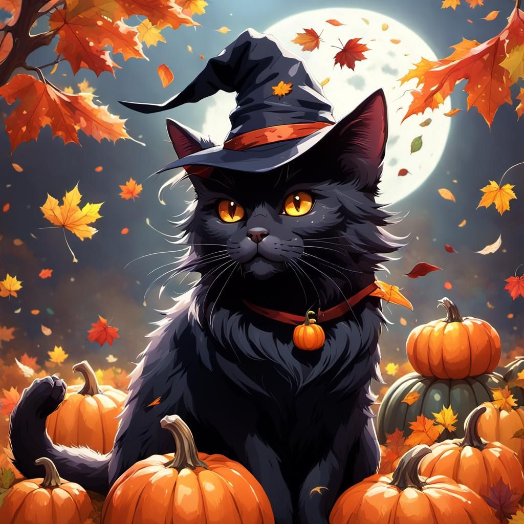 Black Cat in Autumn Wonderland