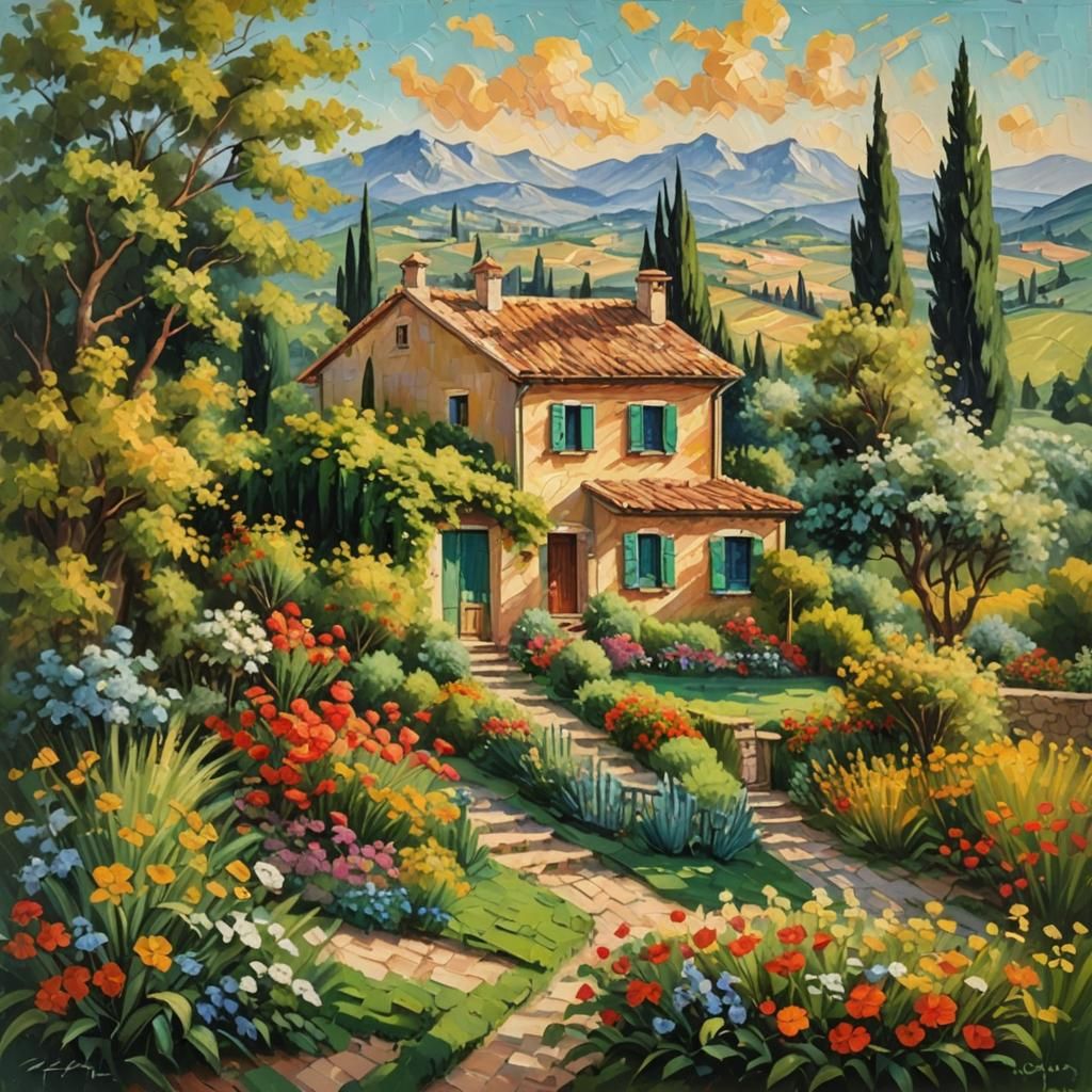 Impasto Painting of a Classic Italian Countryside Retreat