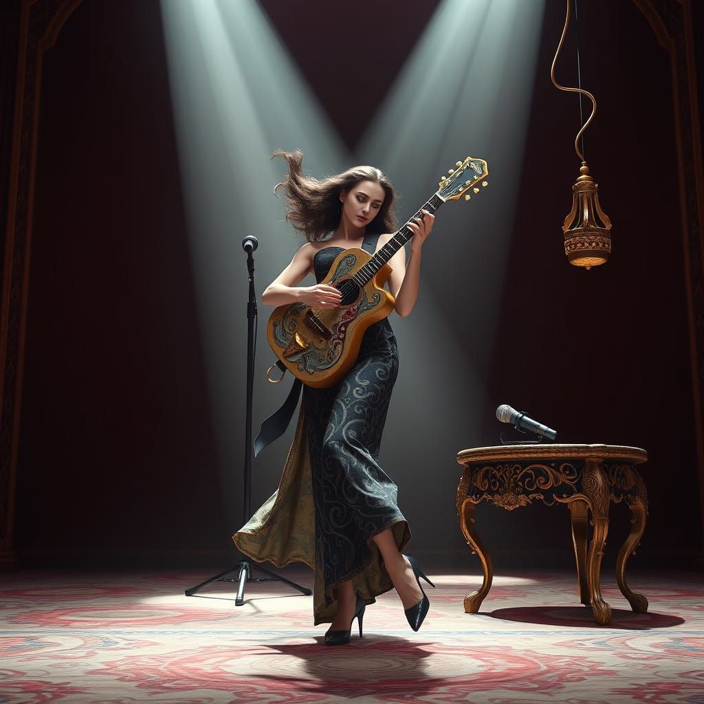 Woman on Stage with Intricately Designed Guitar in Baroque-I...