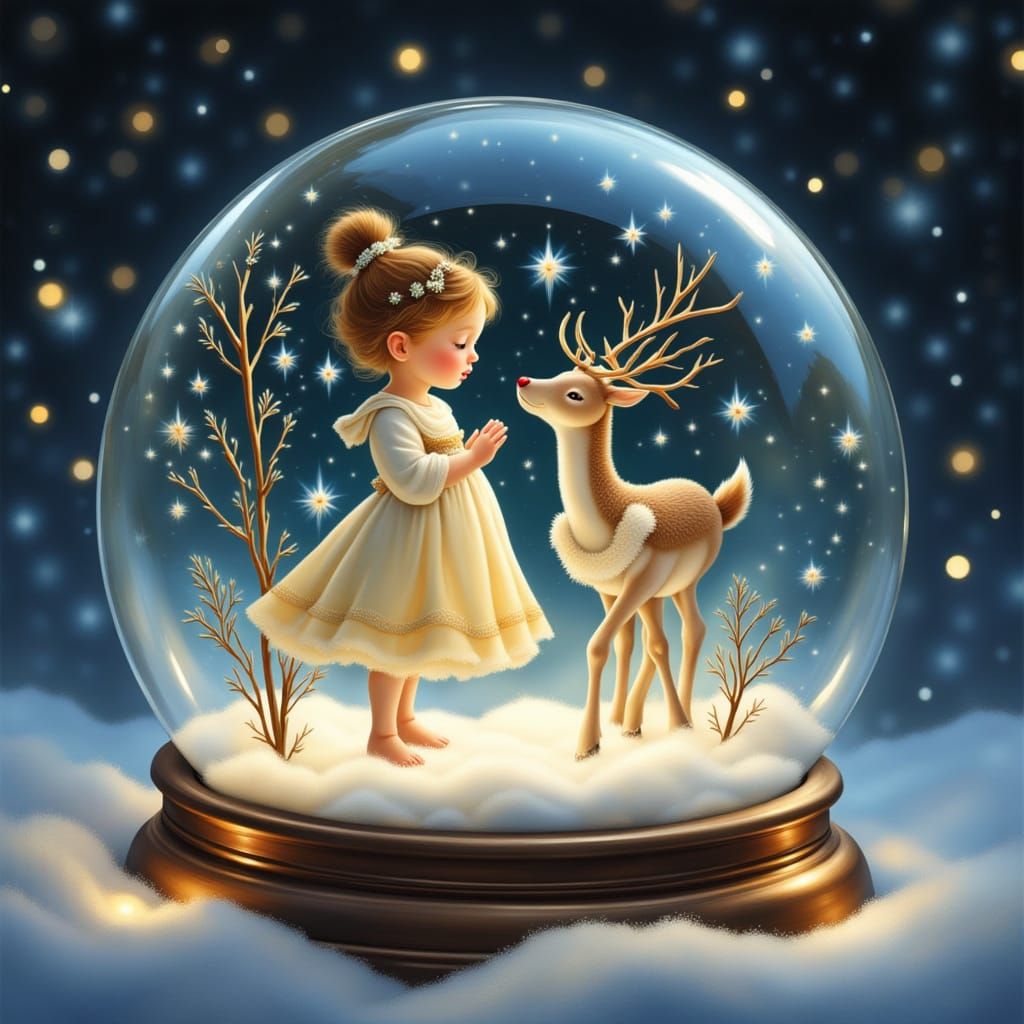 Glowing Glass Orb With Girl and Reindeer