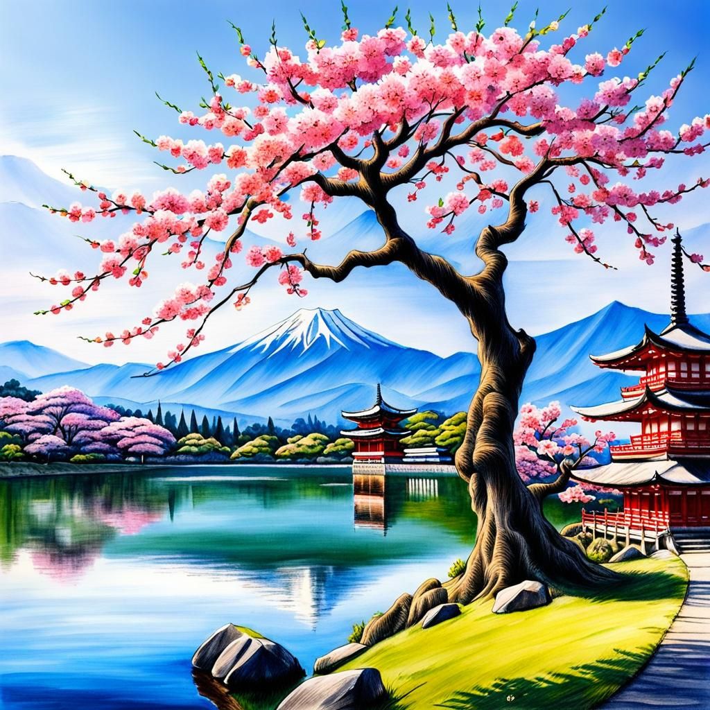 Sakura Tree in Traditional Japanese Landscape