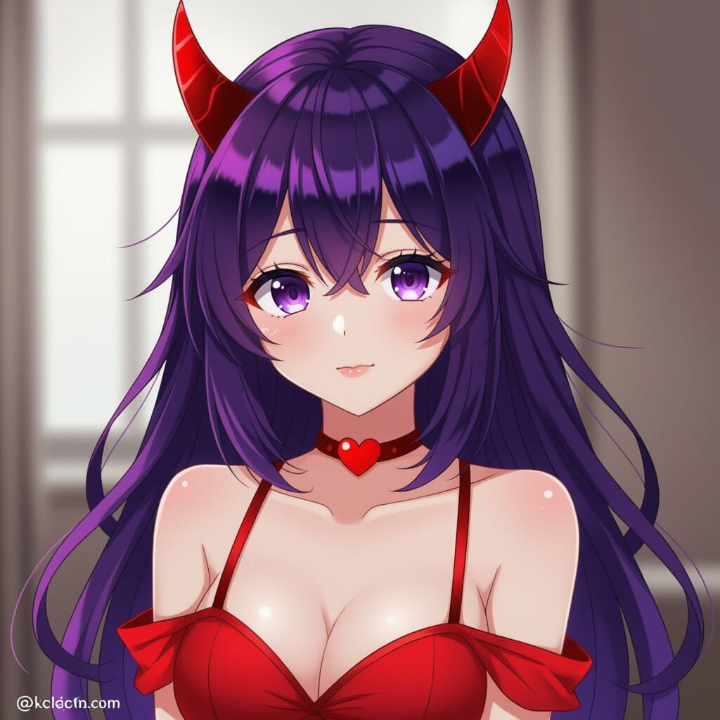 Anime Girl with Devil Horns and Heart Choker