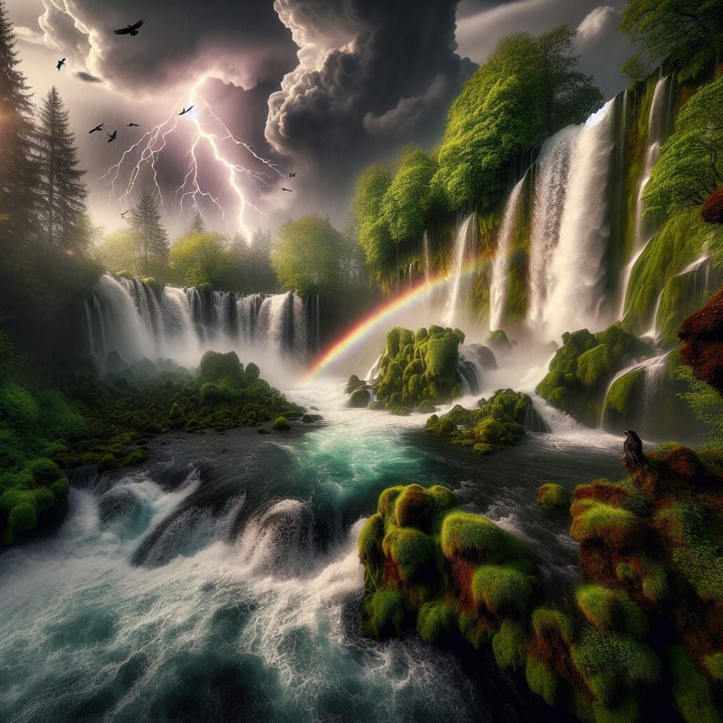 Medieval Masterpiece: Summer Waterfall Radiant with Rainbow....