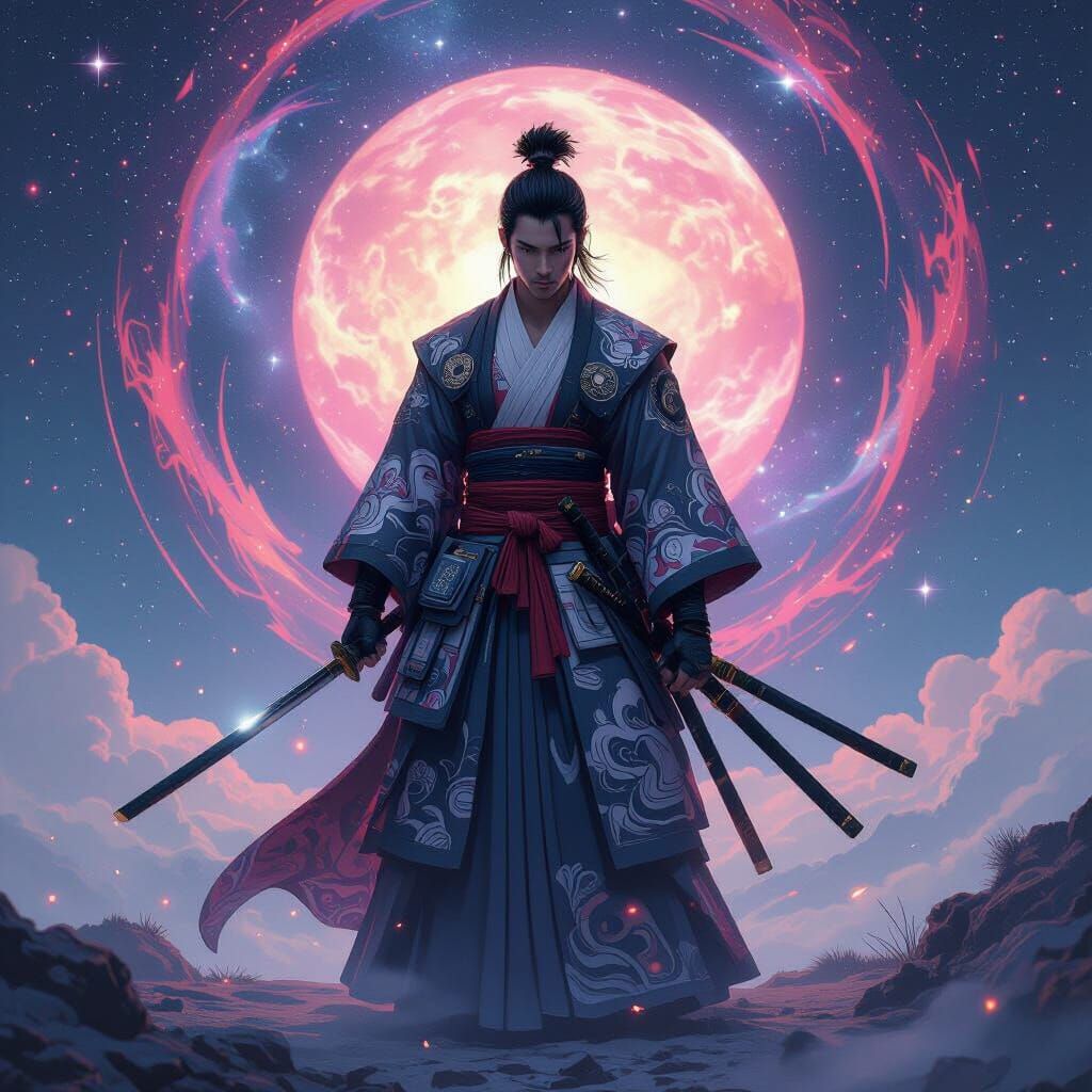 Cosmic Samurai in Hyperrealistic Digital Art Style