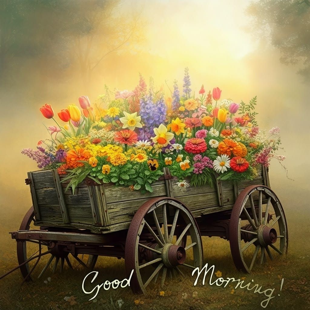 Whimsical Watercolor Farm Wagon Scene at Sunrise