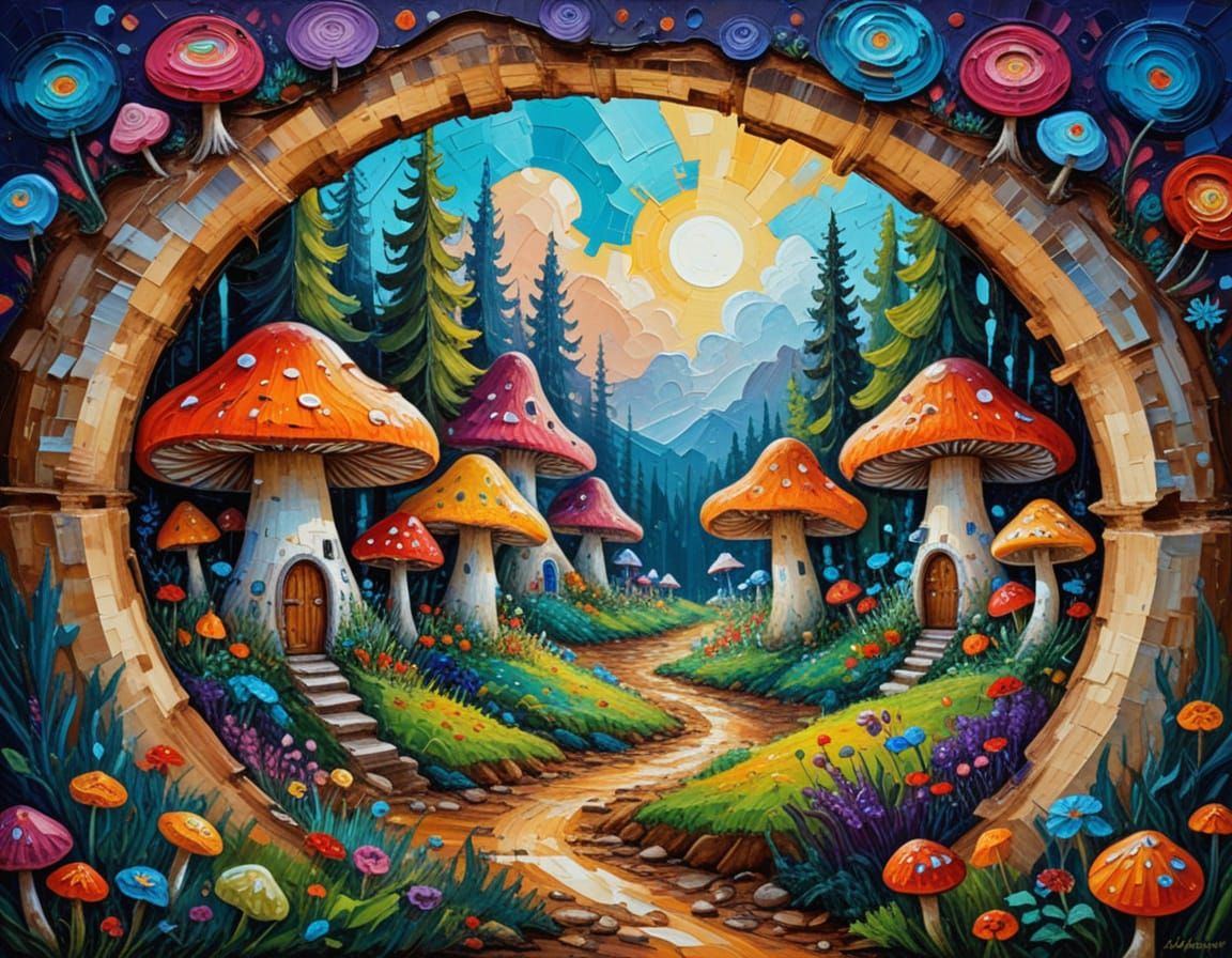 Mushroom Village in Expressionist Oil Painting Style