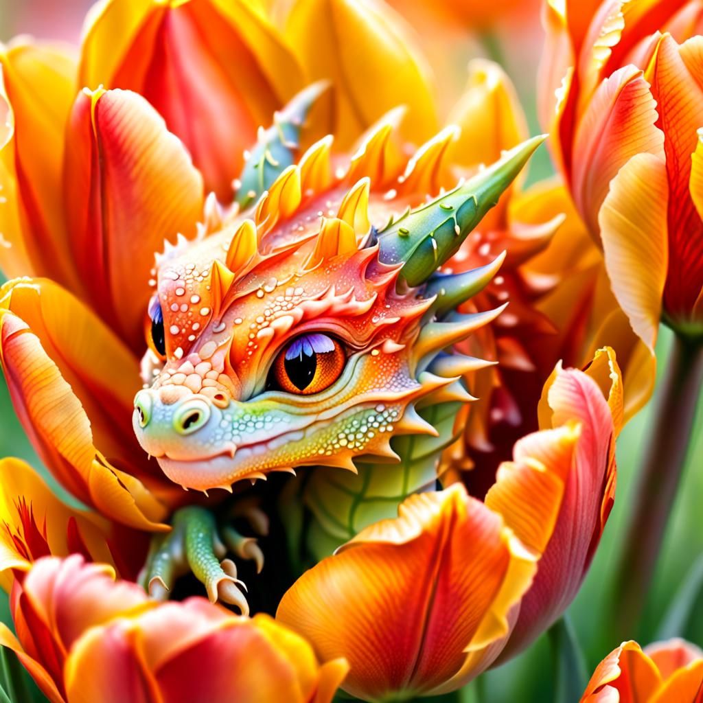 Breathtaking Watercolour Orange Tulip Dragon Portrait