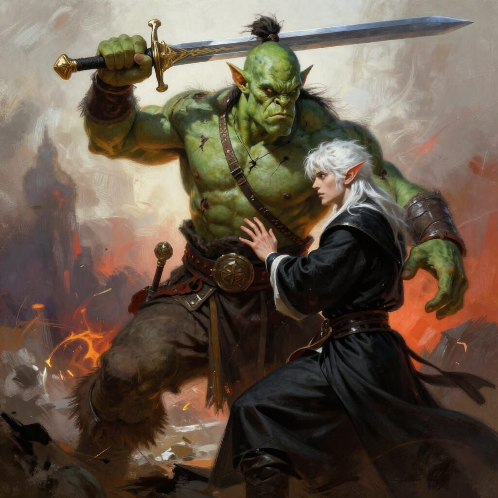 Orc Warrior Defends Elf Prince in Epic Fantasy Art