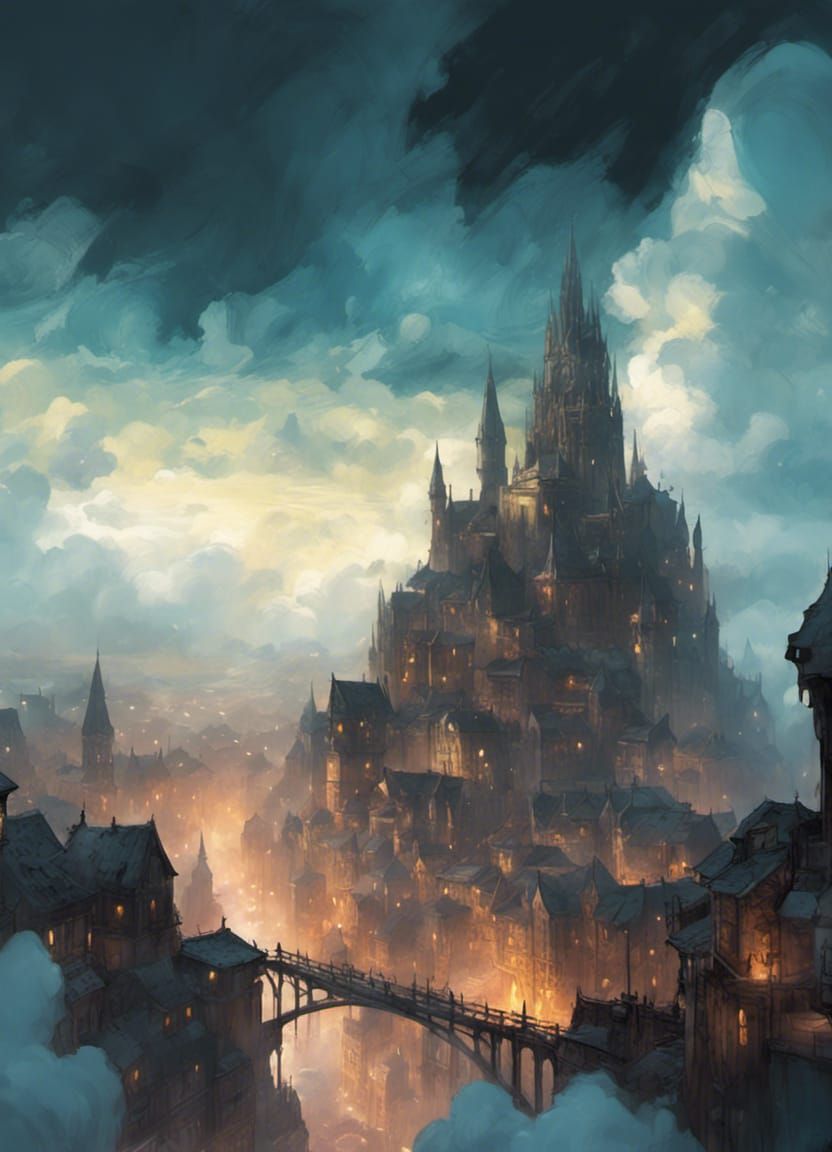 Medieval Cityscape Rises Through Dark Fantasy Clouds, Anime-...