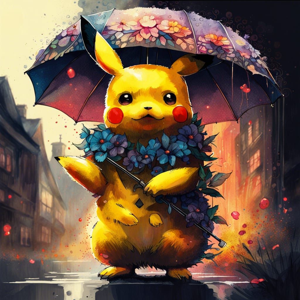 majestic fantasy mysterious gothic cute fluffy pikachu holding a big totoro flower umbrella