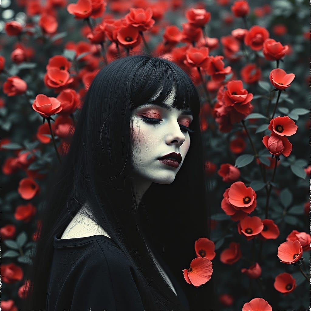 <lora:CorvidiconFlux:0.4>gothic Alice in a rain of rose petals; dreamcore abstract surrealism