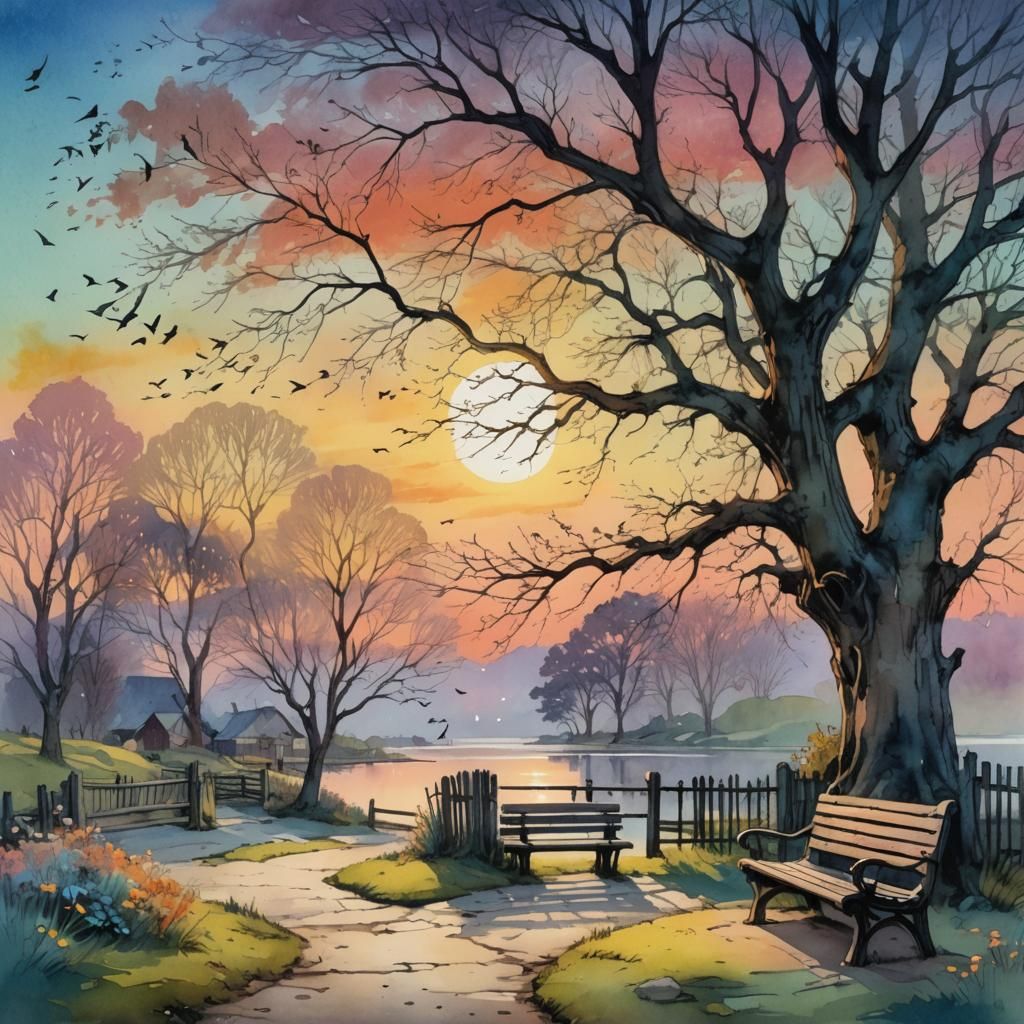Bench by Serene Lakeside Twilight in Soft Pastel