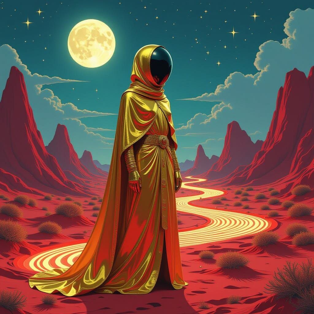 Golden Alien Figure in Surreal Landscape