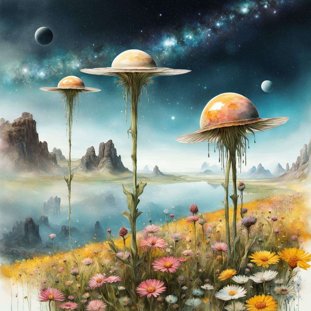 Planetary Flower Meadow in Digital Watercolor