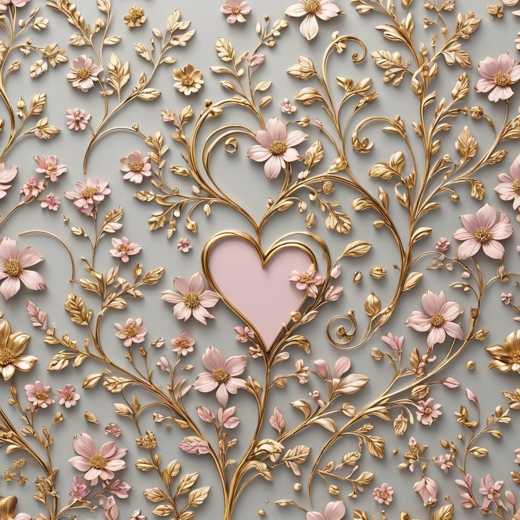Sophisticated Heart Shape Art with Soft Pink and Gold Floral...