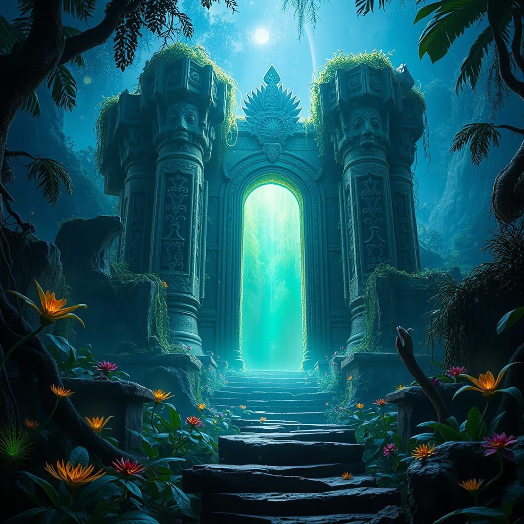 Mystical Jungle Ruins with Glowing Portal