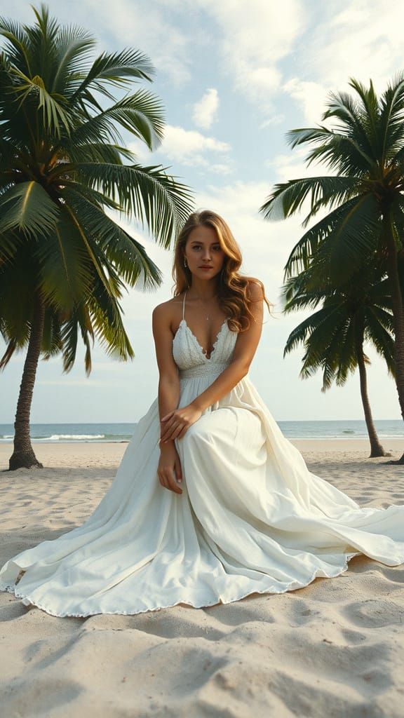 Woman on Beach in Flowing Dress