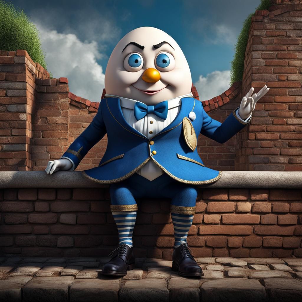 Tim Burton-Style Humpty Dumpty Sitting on a Brick Wall
