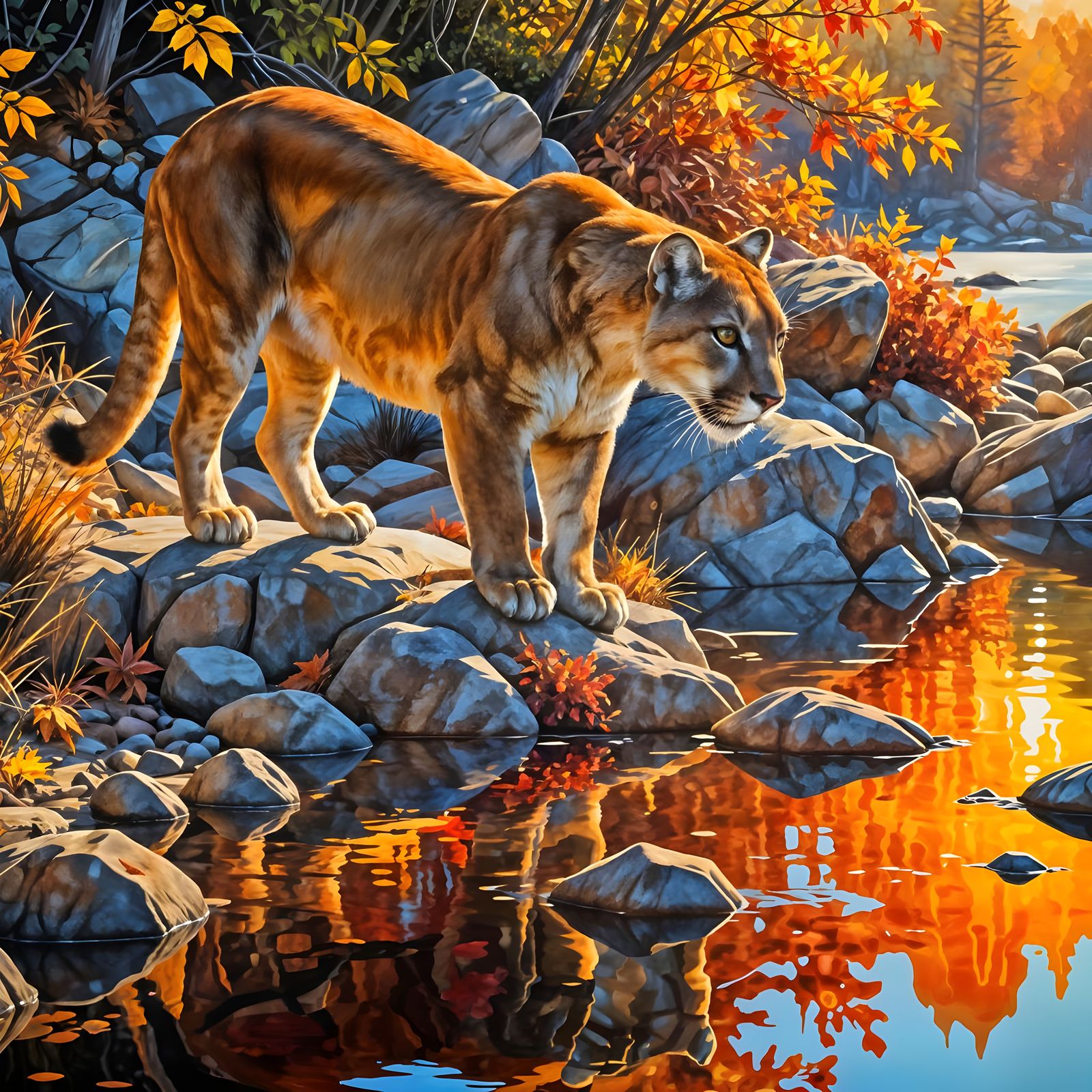 Mountain Lion Drinking in Autumn Landscape Painting